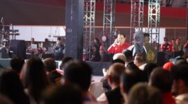 Menteri Pertahanan Prabowo Subianto diacara Puncak Hari Olah Raga Nasional (HAORNAS) XL Tahun 2023 di GOR Velodrome Rawamangun, Jakarta.  (Dok. Tim Media Prabowo Subianto)